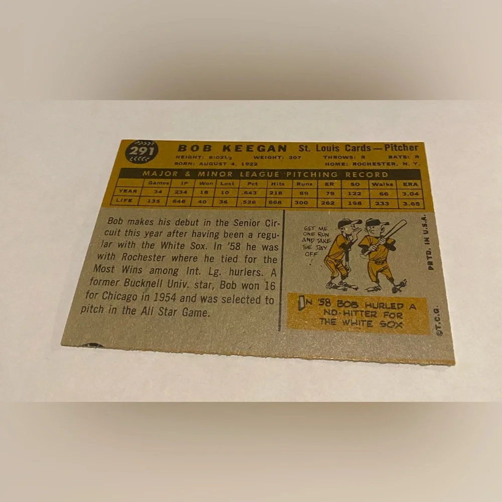 Bob Keegan 1960 Topps Baseball Card # 291 Vintage Collectible St Louis Cardinals